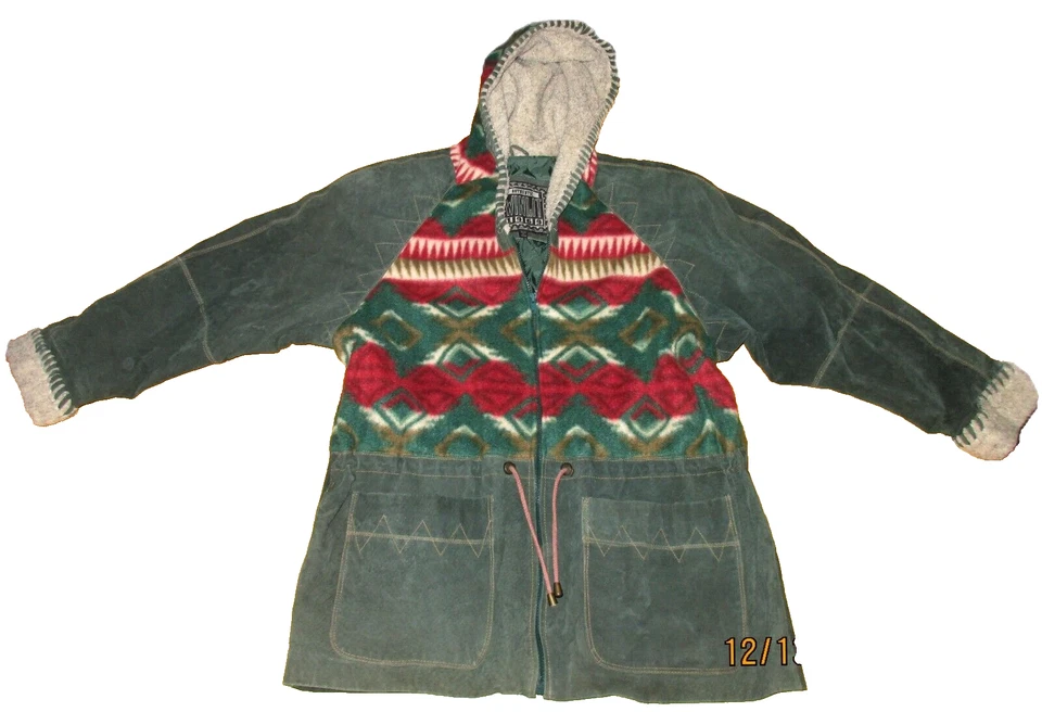 WINLIT Green Suede Leather Coat Jacket Fair Isle Sherpa Hooded SIZE LARGE (50")