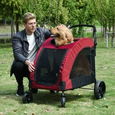 Oxford Dog/Cat Pet Stroller Four Wheeled Zippered Red/Black Four Wheeled
