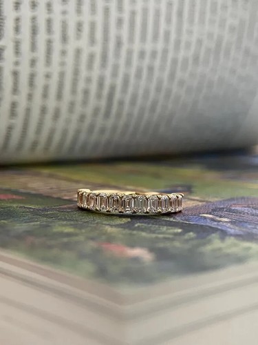 1.20Ct Emerald Cut Real Moissanite Eternity Wedding Band 14K Yellow Gold Plated - Picture 3 of 7