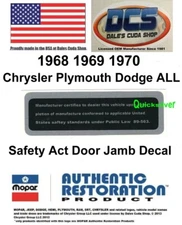 1968 69 70 Chrysler Plymouth Dodge ALL Safety Act Door Jamb Decal New MoPar USA