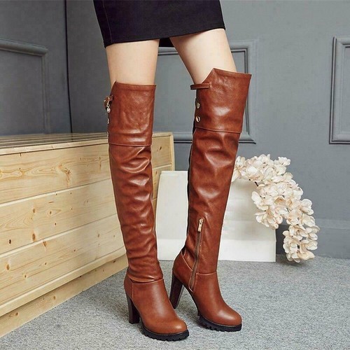 New Women's Over the Knee Boots Round Toe Block High Heels Winter Platform Shoes