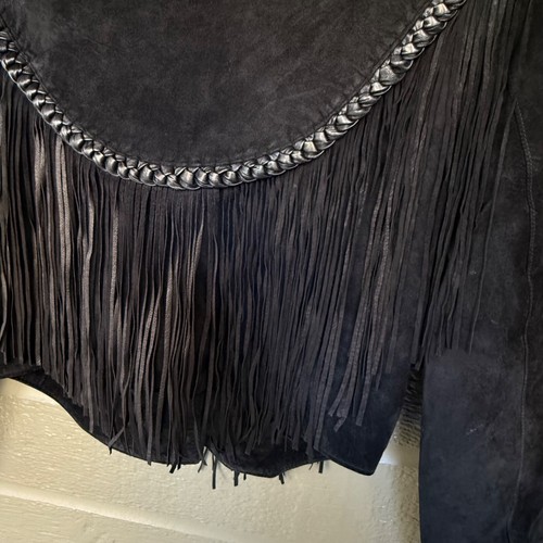Vintage Cache Black Leather Jacket w/ Fringe Womens Medium 1980s - Picture 17 of 19