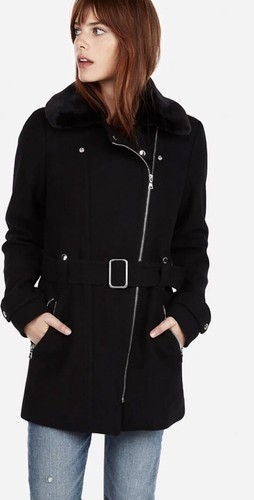 Express Women M Black Wool Blend Moto Style Belted Pea Coat Faux Fur $198 Sexy - Picture 10 of 10