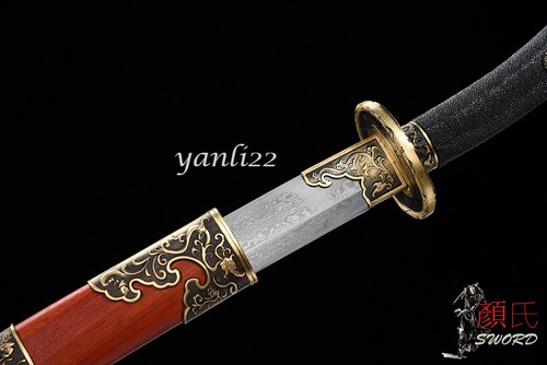 Espada china de lujo dinastía Qing Dao madera roja hoja de acero doblada accesorios de latón - Imagen 8 de 12