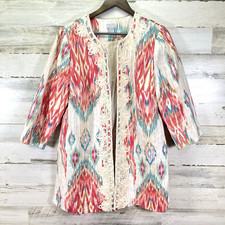 Chicos Womens White/Pink Soutache Embroider 100 Linen Aztec Open Jacket 2/US14