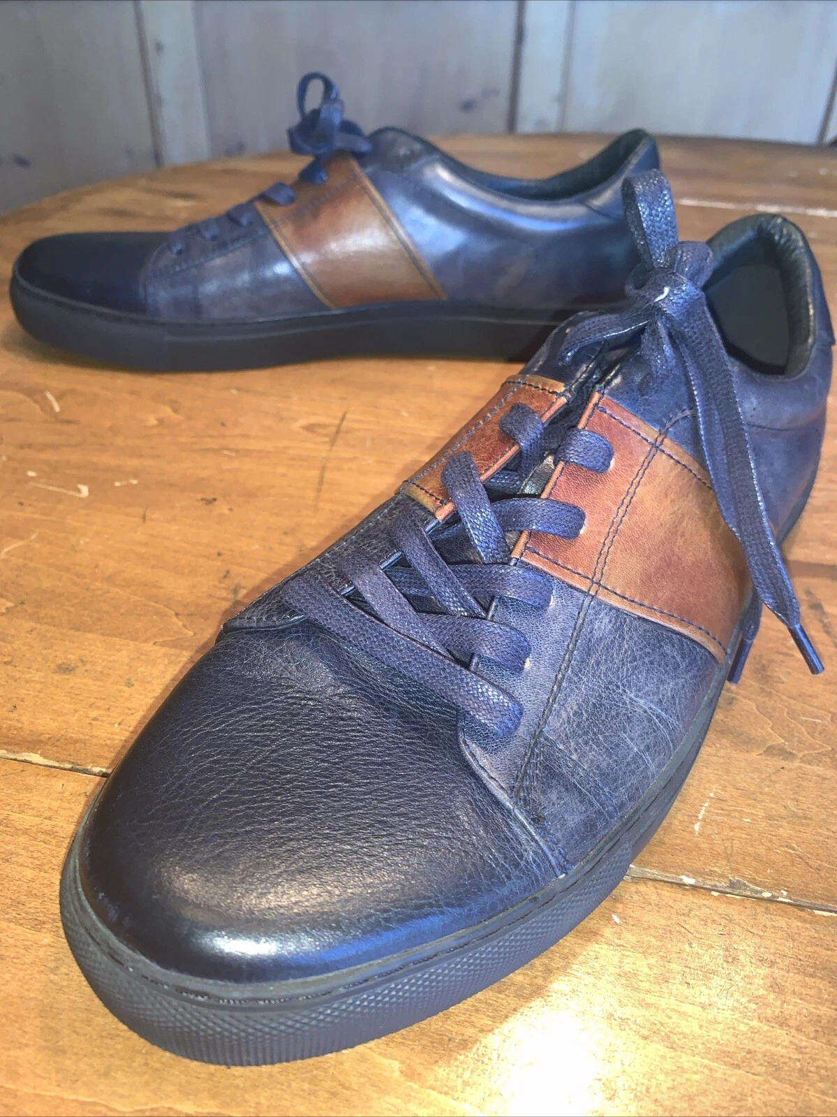 Men’s Yolkomo Blue Leather Sneakers Brown Accent Stripes 11 M