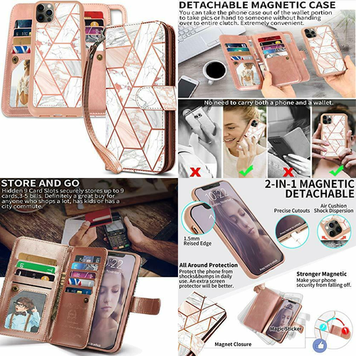 For Iphone 12 Pro Max Wallet Case Card Holder Detachable Folio Cover Marble Pink Ebay