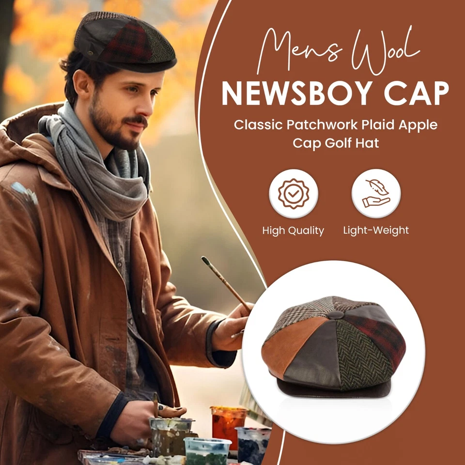  Otoño Invierno Para hombres Patchwork Cuadros Manzana 100% Lana Gorra Newsboy Cabbies Golf Sombrero  Foto 3 de 4