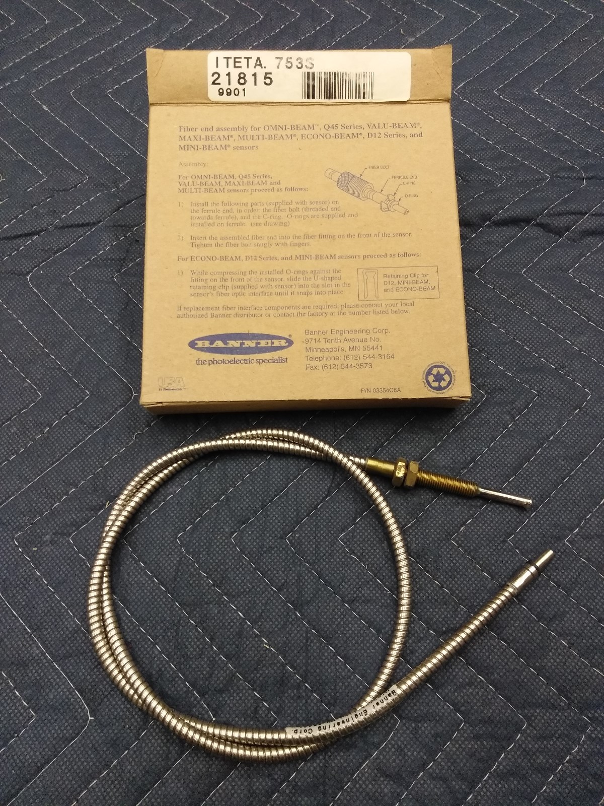 Banner Iteta 753s Fiber Optic Sensor Glass 21815 Cable 90 Degree