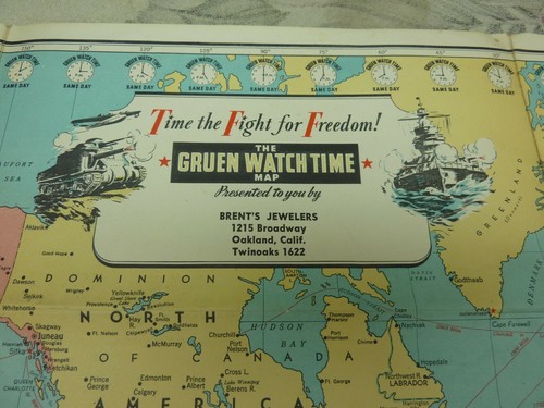 Vintage WWII Era World Map 'Gruen Watch Time' Time the Fight for Freedom ca 1942 - Picture 2 of 7