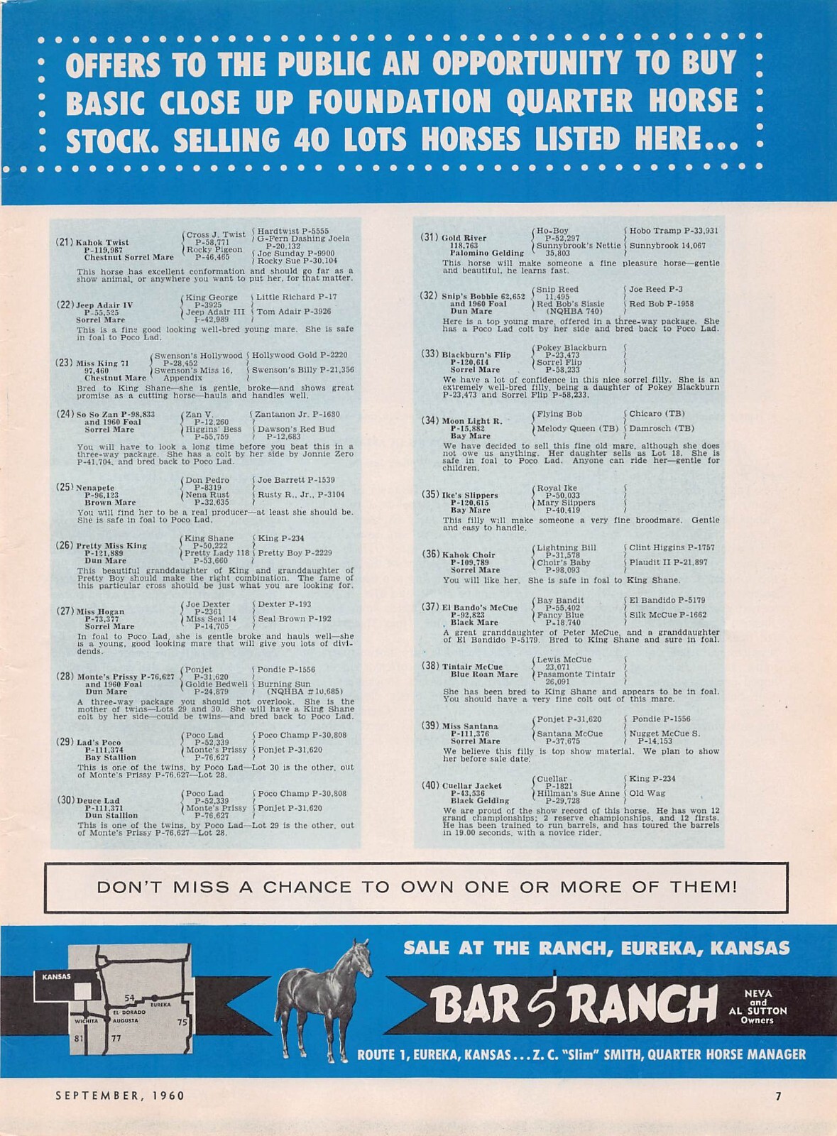 Bar S Ranch Z C "Slim: Smith Quarter Horse Manager Eureka Kansas Vtg Print Ad thumbnail 3