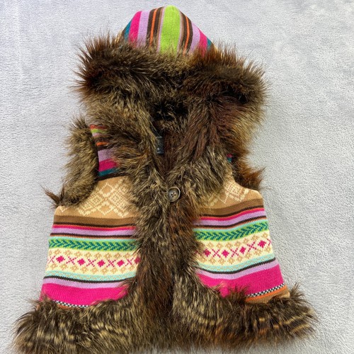 Gap Kids Medium Multi Color Knit sweater Vest Fux Fur lining & hoodie Tribal - Picture 3 of 9