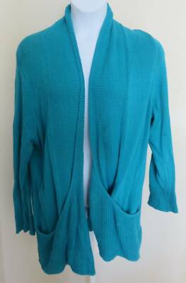 AVENUE Open Front CARDIGAN SWEATER Sz 22/24 *Pilling* Pocket Turquoise Blue Knit