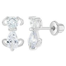 14K White Gold Plated Puppy Cubic Zirconia Dog Screw Back Earrings for Women's