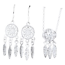 Sterling Silver Dream Catcher Earrings & Necklace Set - Boho Feather Dangle B37