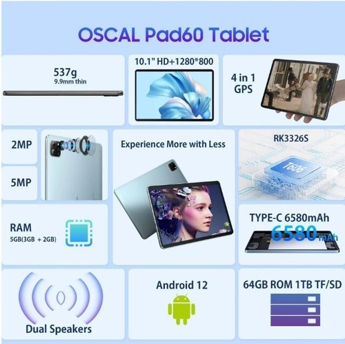 Oscal Pad 60 10.1" Android Tablet 3GB 64GB Quad-Core WIFI - Glacier Blue - NEW - Picture 2 of 7