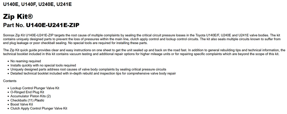 U140E U241​E Valve Body Rebuild Kit Sonnax Zip Kit fits Toyota U140E-U241E-ZIP - Изображение 3 из 3