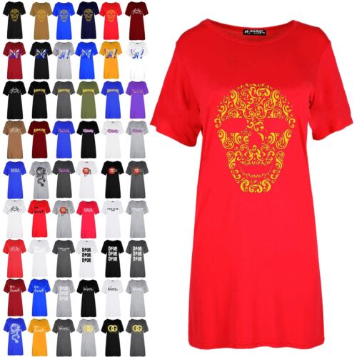 Womens Ladies Gold Foil Skull Oversized Baggy Loose Fit Tunic T Shirt Mini Dress - Picture 1 of 49