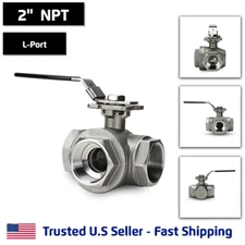 2" 3-Way L-Port Ball Valve, Stainless Steel, NPT Threaded, 1000PSI