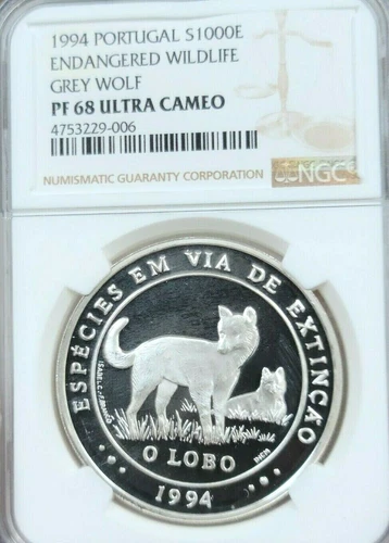 1994 PORTUGAL SILVER 1000 ESCUDOS GREY WOLF NGC PF 68 ULTRA CAMEO SCARCE COIN