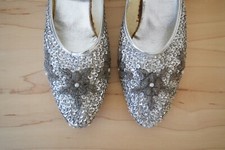 50s 60s Women's 6 Silver Sequin Beaded Slides Slipper Shoes Low Heel Slides VTG