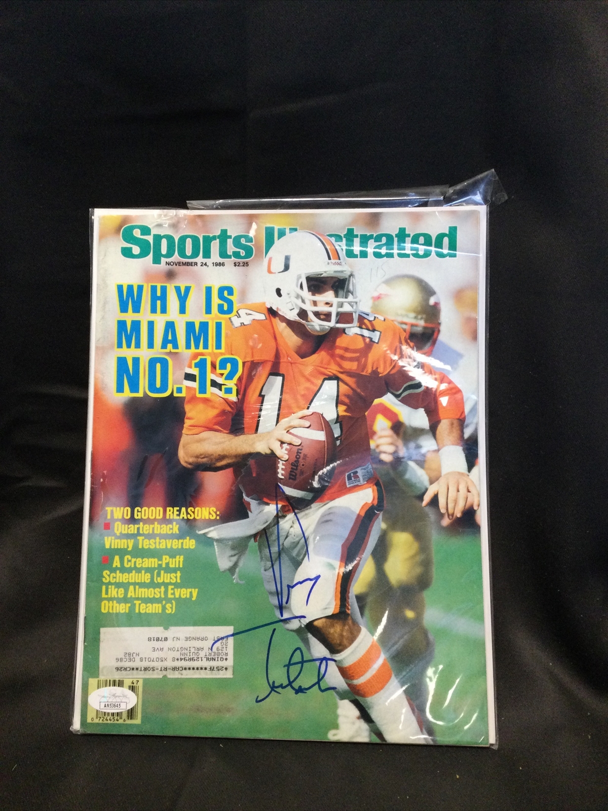 Vinny Testaverde Autographed Signed Miami Hurricanes Sports Illustrated Magazine 11/24/86 JSA -1 # 
