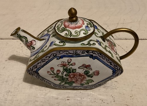 Vintage Cloisonné Style Enamel Miniature Pink Blossom Teapot With Copper Detail
