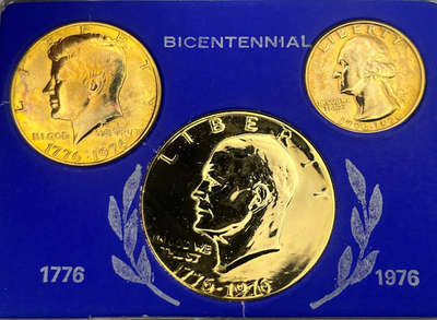 1776-1976 3 Bicentennial Gold Plated Coin Set: Quarter, Half