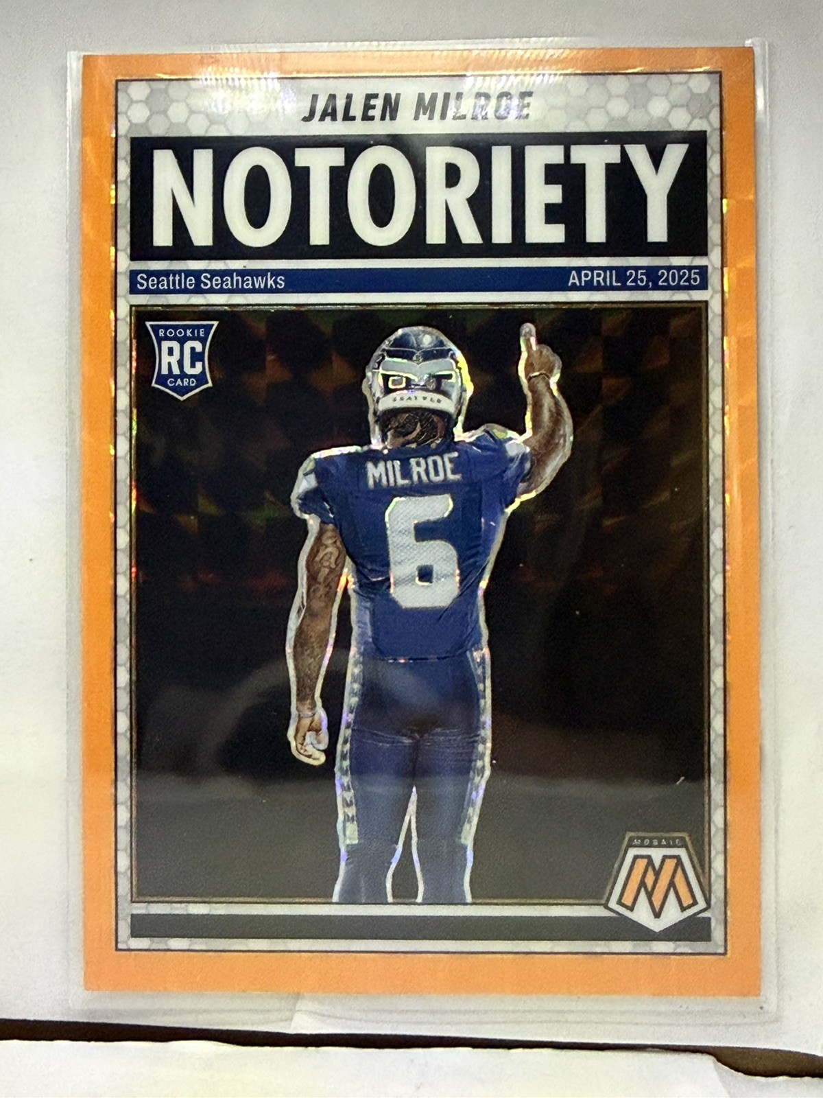 Jalen Milroe 15 Notoriety Orange Fluorescent 2025 Mosaic Football RC