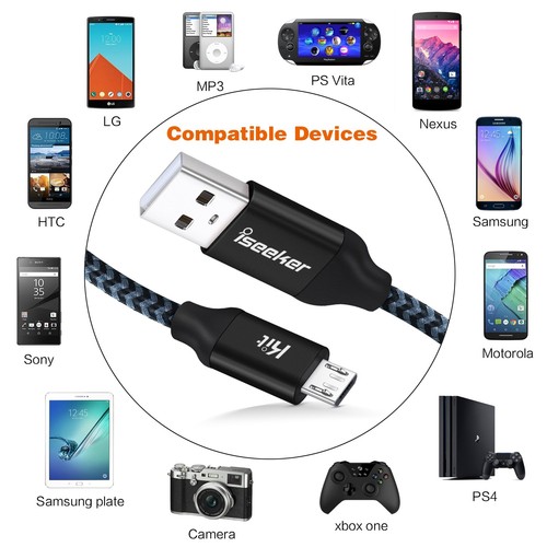 Micro USB Cable PS4 15FT,iSeeker Black Extra Long Durable Braided Type A Male to - Picture 2 of 7