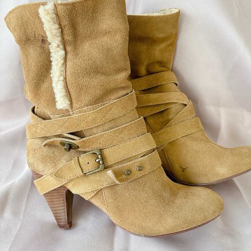 Nine West Cruzal Camel Suede Strappy Heeled Boots w/ Sherpa Lining - Women 8 - Picture 11 of 12