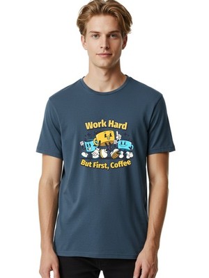 Work-Hard-But-First-Coffee Mens Graphic Tee,100% Cotton,Casual Summer Wear