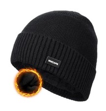 Winter Men Women Fleece Lined Beanie Knitted Hats, Soft Thermal Stocking Black