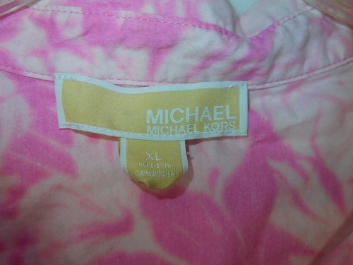Michael Kors XL Cropped Shirt Top Women Tie Dye Floral Print Pink Barbie - Picture 3 of 13