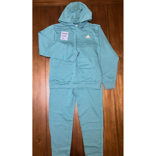 Adidas Youth Large Teal Blue Fleece Hoodie and Joggers Tracksuit Set 2pc