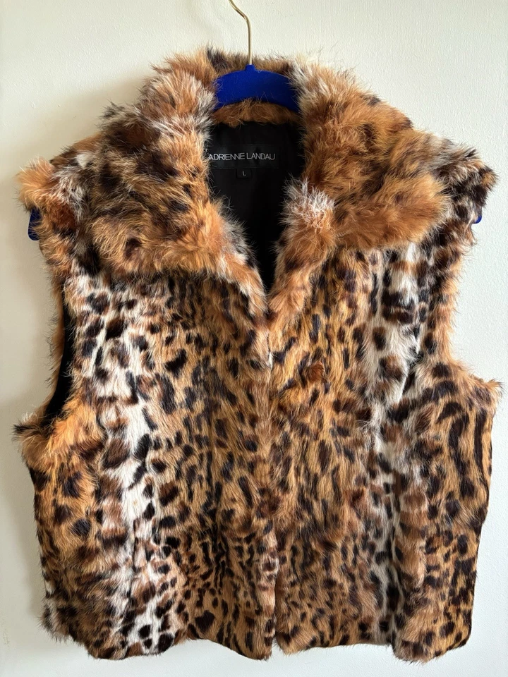 Women’s Adrienne Landau Size L Real Rabbit Fur Vest With Spotted Animal Print - Image 2 of 4