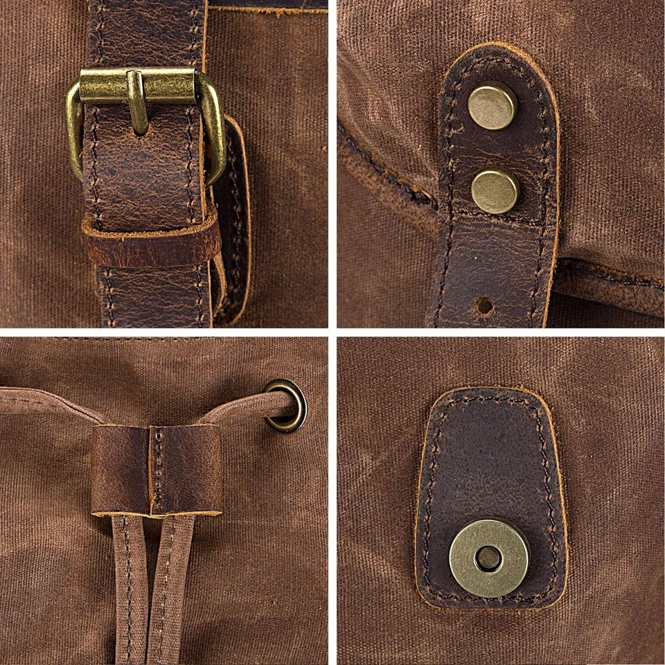 Mochila de couro masculina de lona encerada mochila de ombro mochila de viagem - Imagem 3 de 4