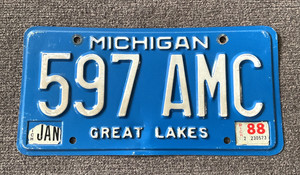 RARE 1988 MICHIGAN BLUE BASE LICENSE PLATE ALL ORIGINAL AMC AMERICAN MOTORS
