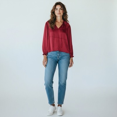 Philosophy Crimson Red Blouse Size S/P   Long Sleeve Elegant Satin Look Top