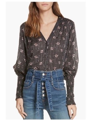 Veronica Beard Maree Smock Cuff Silk Blouse Black Silk Size 4 Spring