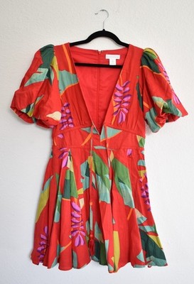 house of harlow 1960 red dress House of Harlow 1960 Red Floral Puff Sleeve Mini Dress Size 6
