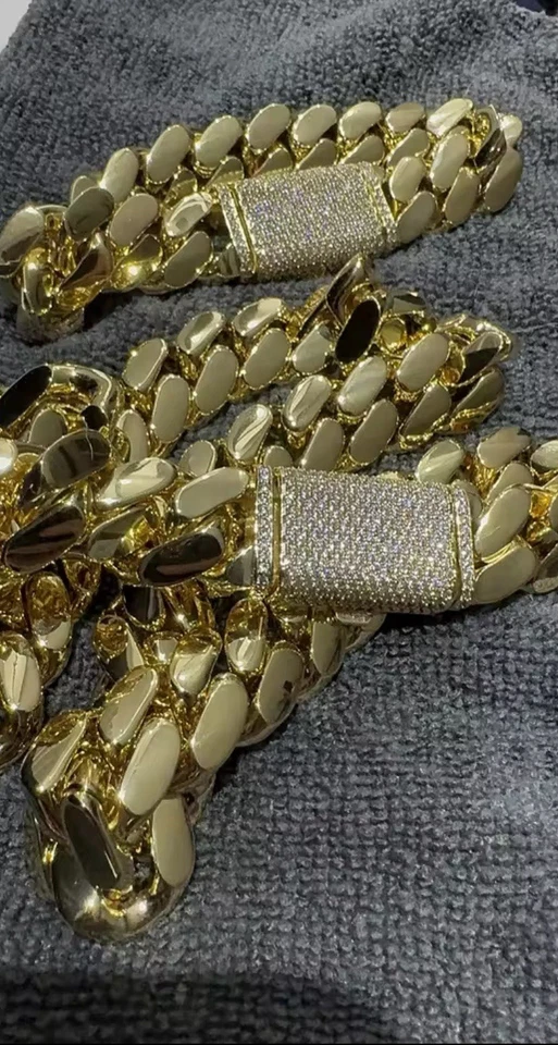 14k 20 毫米迈阿密古巴链链和手链真镀金纯色 925 银男式 — 第 3/3 张图片