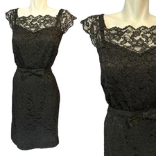 Vtg 60s Nelly Don Black Lace Cocktail Sheath Dress Belted Womens Size S/M