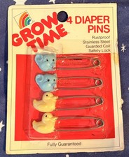 1980s NOS Grow Time 4 Diaper Pins, stainless steel, rustproof 84 Duck and Bear