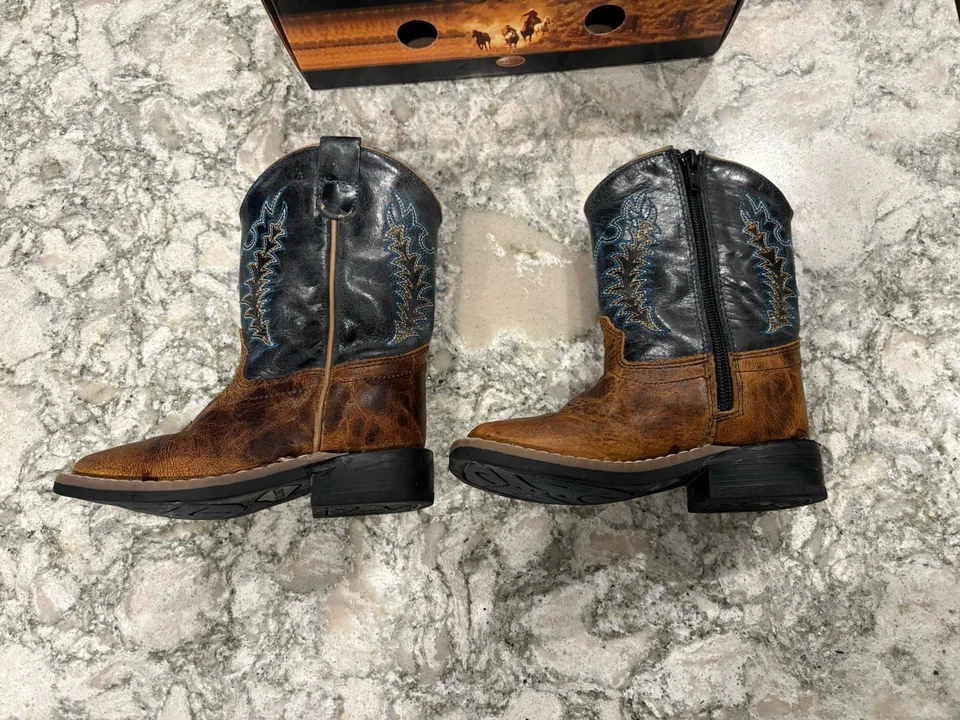 Botas de Vaquero Old West Niño Pequeño Puntera Cuadrada Cuero Marrón/Azul Marino Cremallera Talla 7.5 Usadas en Excelente Condición Foto 4 de 4
