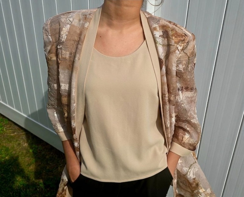 Vintage Womens Beige Brown Gray Abstract Print Open Front Sleeve Long Blazer M-L