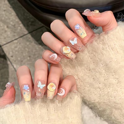 Medium Coffin Press on Nails Gradient Fake Yellow Nails Tips Full Cover False...