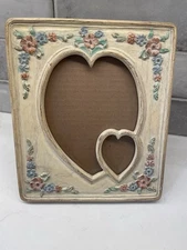 VTG Double Heart Shaped Picture Frame Floral Shabby Chic Faux Ceramic Love 8”x7”