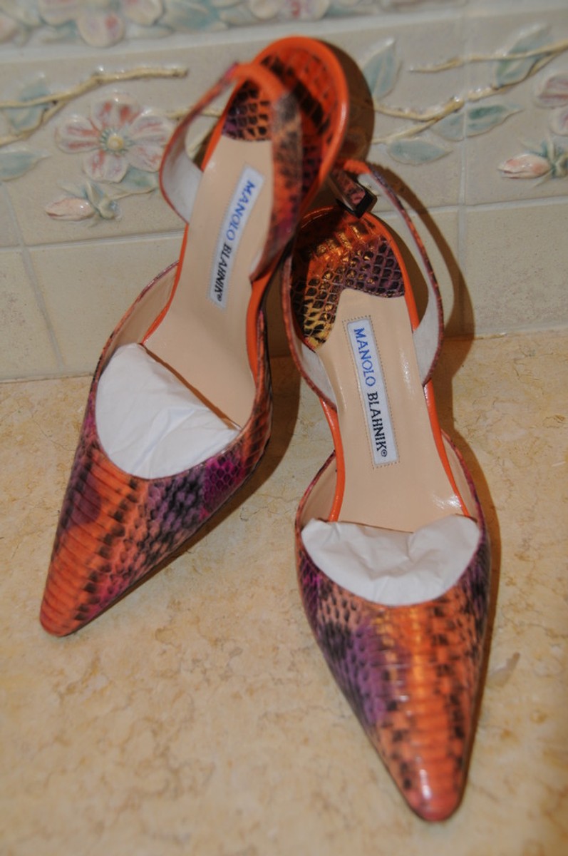 New MANOLO BLAHNIK Orange Grey Snake Carolyne Slings SHOES Heels