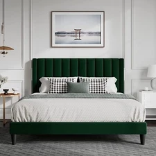 King Size Velvet Upholstered Vertical Channel Platform Bed with Headboard/Green